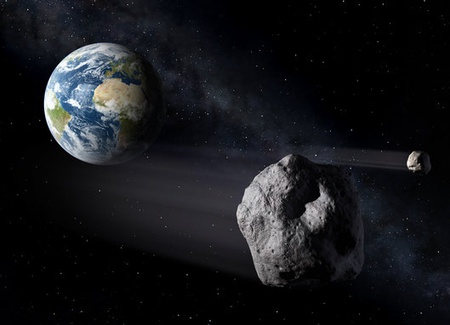  Artist's impression of NEO asteroids passing Earth ESA SSA