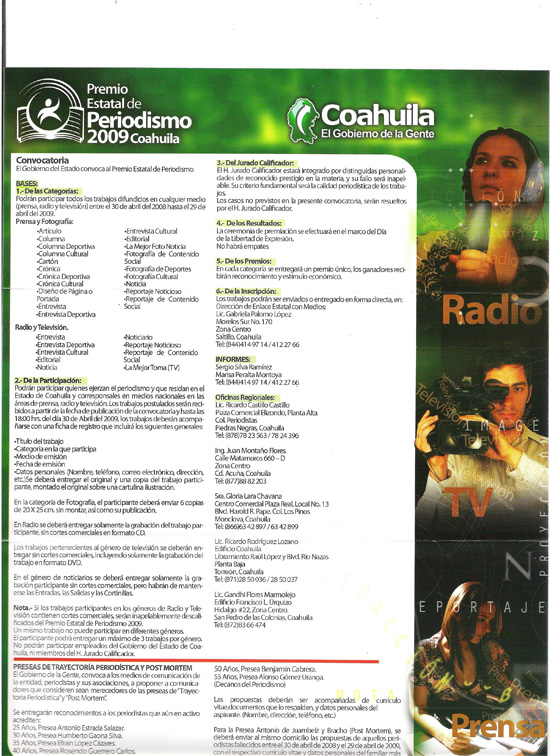 Covocatoria Premio Estatal de Periodismo 2009
