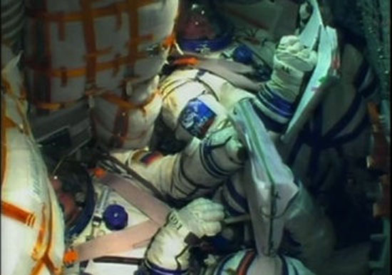 TV image from the Soyuz TMA-03M spacecraft, now in orbit with all systems working normally.