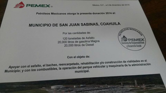Recibe San Juan de Sabinas importante donativo de Petróleos Mexicanos 