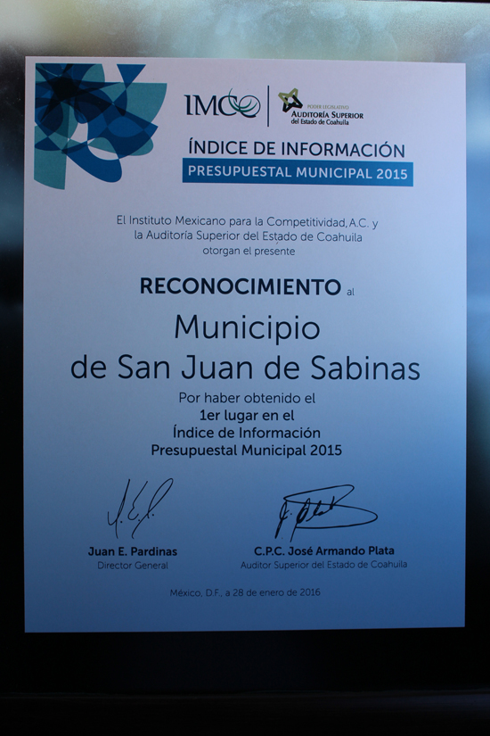 Recibe San Juan de Sabinas reconocimiento 