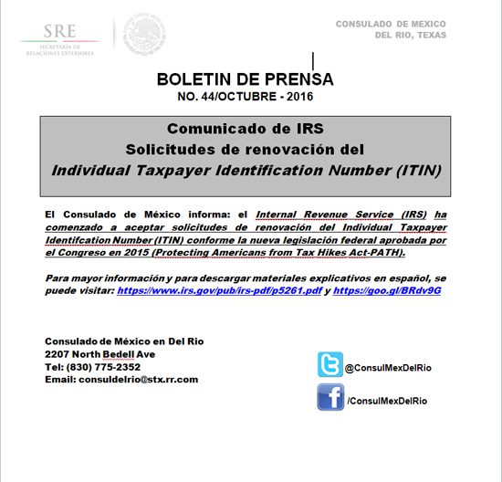 Comunicado de IRS de renovación del  Individual Taxpayer Identification Number (ITIN) 