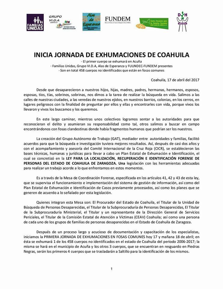 Inician  PGJE, FUNDEM, CICR y ONU Derechos Humanos identificación de desaparecidos, en Acuña y Piedras Negras 