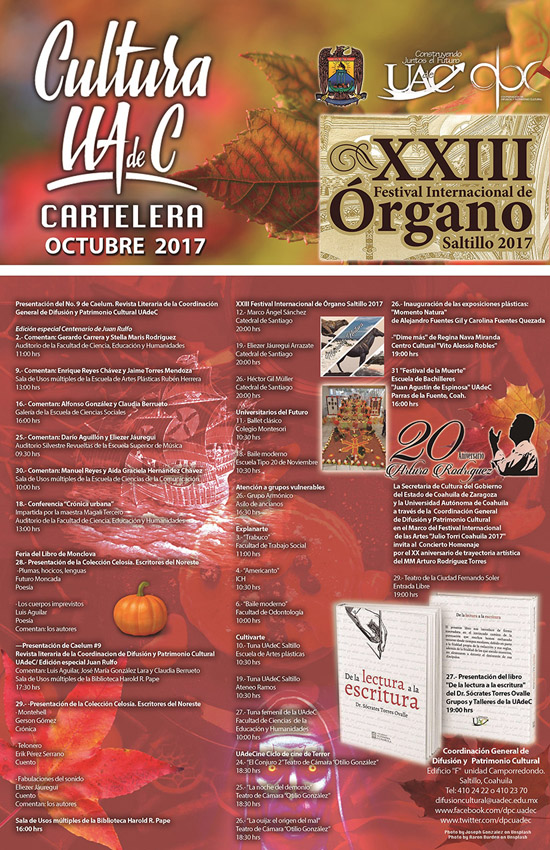 Invita UA de C a sus Eventos Culturales del Mes de Octubre 