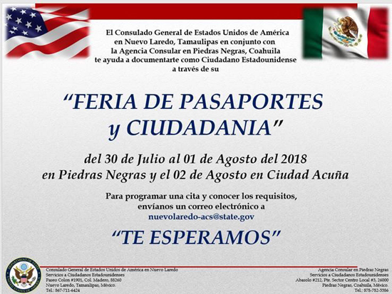Feria de Pasaportes y ciudadanía en Acuña el 02 de agosto 