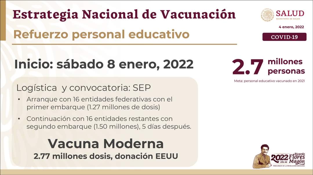 Estrategia Nacional de vacunación con 2.77 millones de vacunas para personal educativo